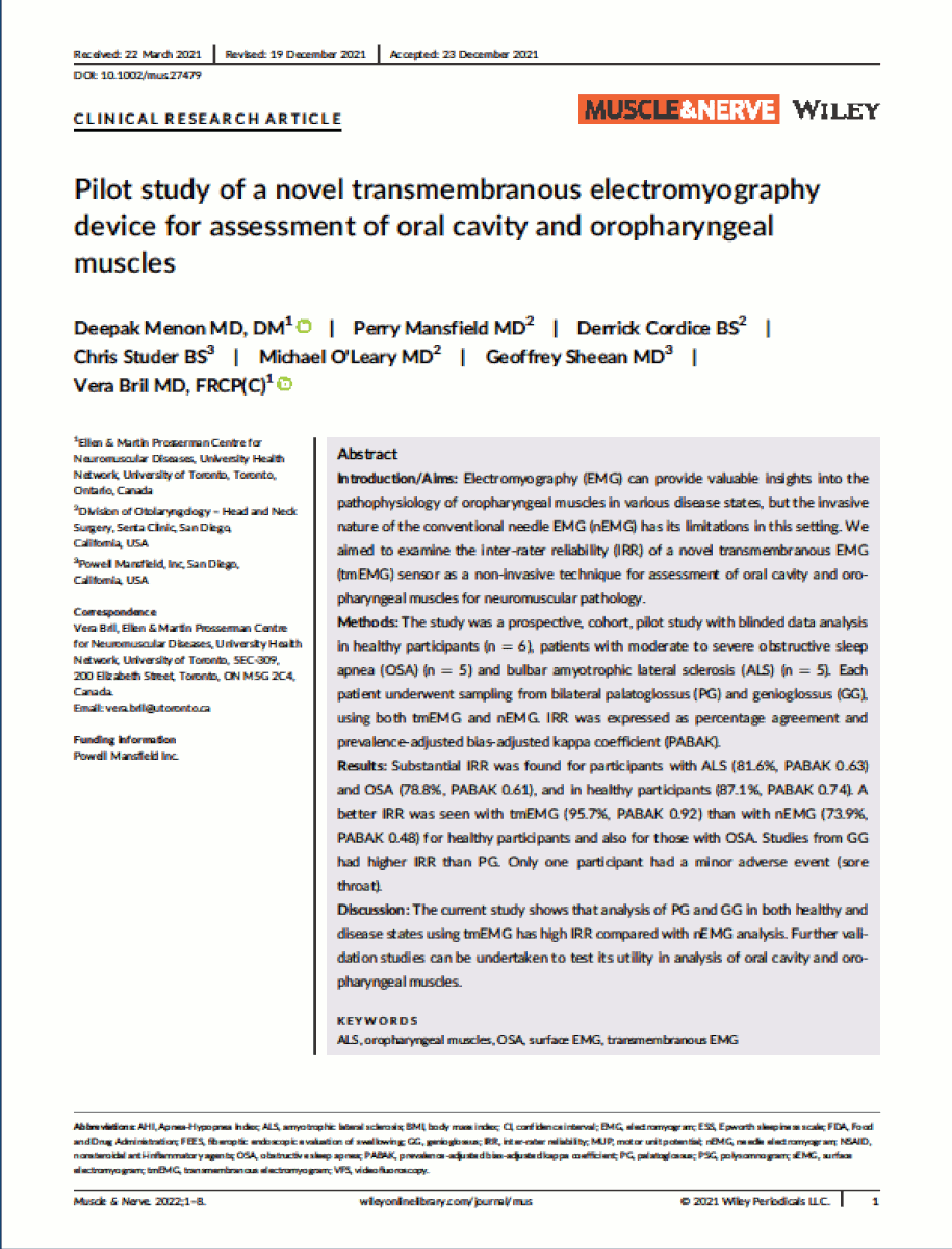 MUSCLE & NERVE article: Pilot study of a novel transmembranous electromyography device for assessment of oral cavity and oropharyngeal muscles